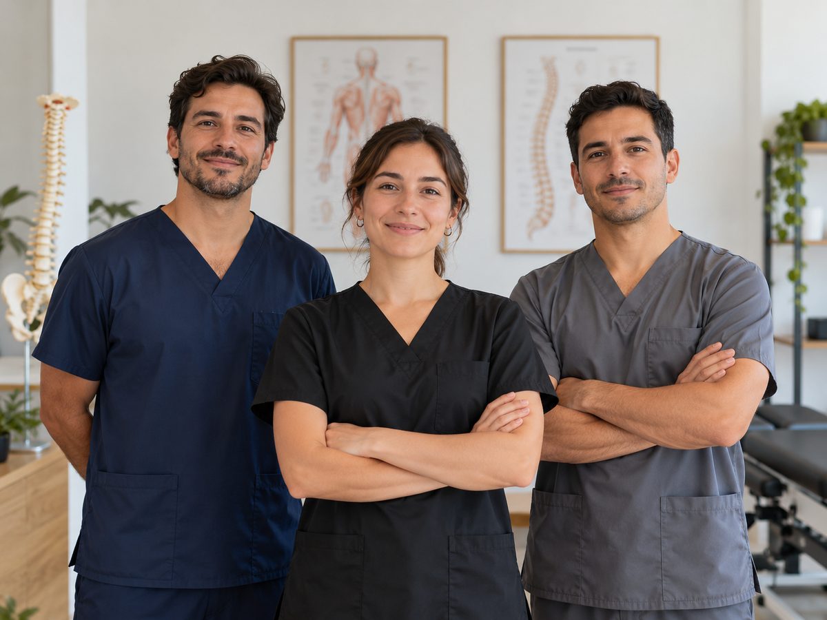 Three registered chiropractors smiling in their clinic